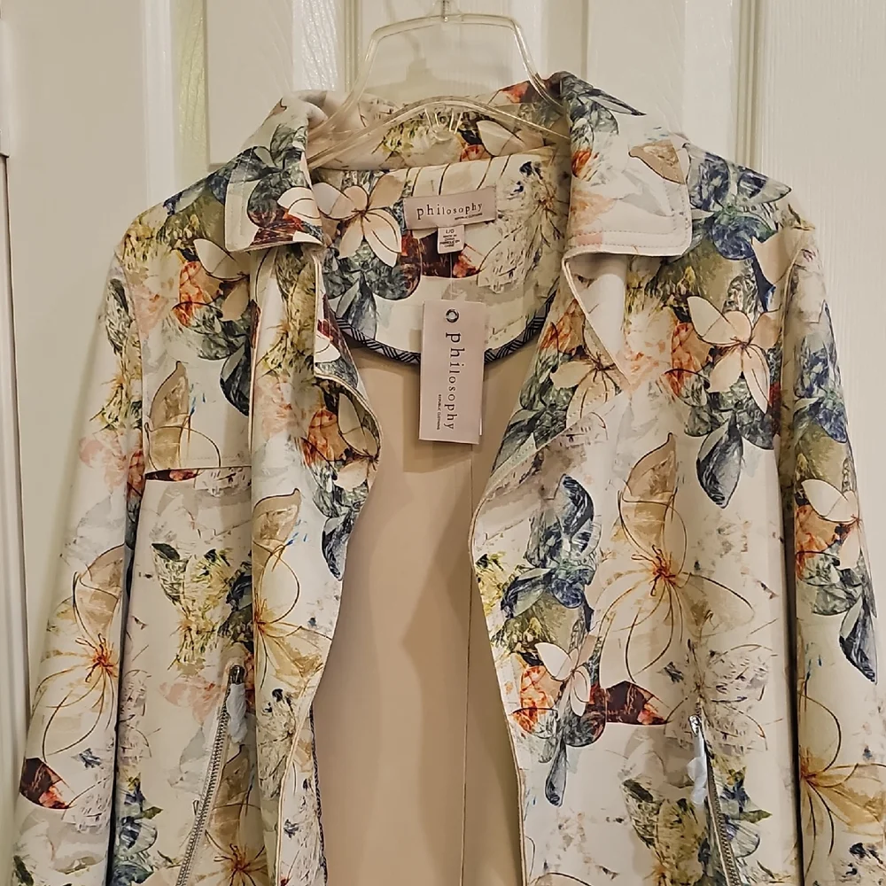 NWT Philosophy Republic Artistic Watercolor Floral Faux Suede Open Jacket Large - Picture 6 of 14